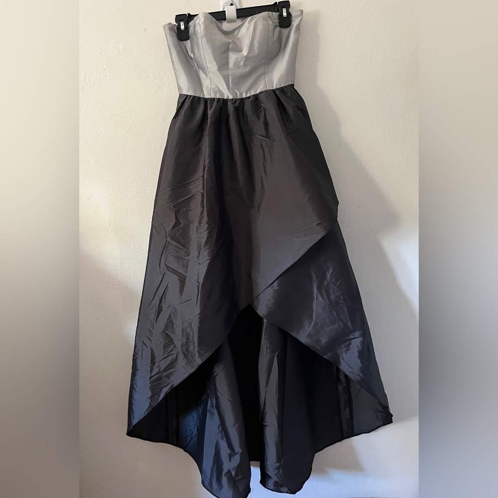 ALFRED SUNG Strapless Two-Tone Black and Silver High-Low Gown